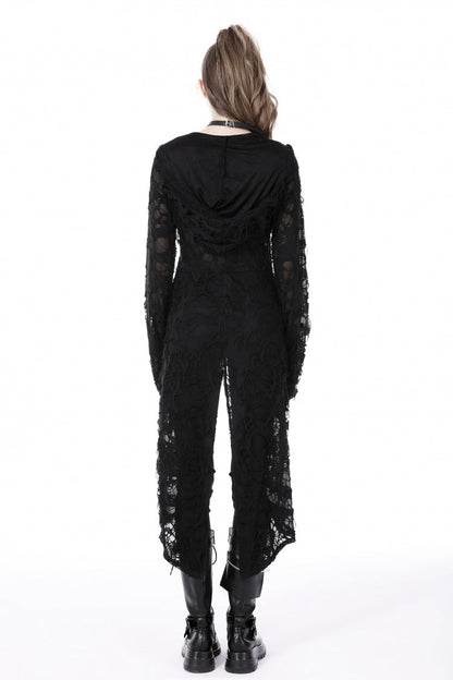 Ebony Long-Sleeve Ripped Zip Punk Long Hooded Coat