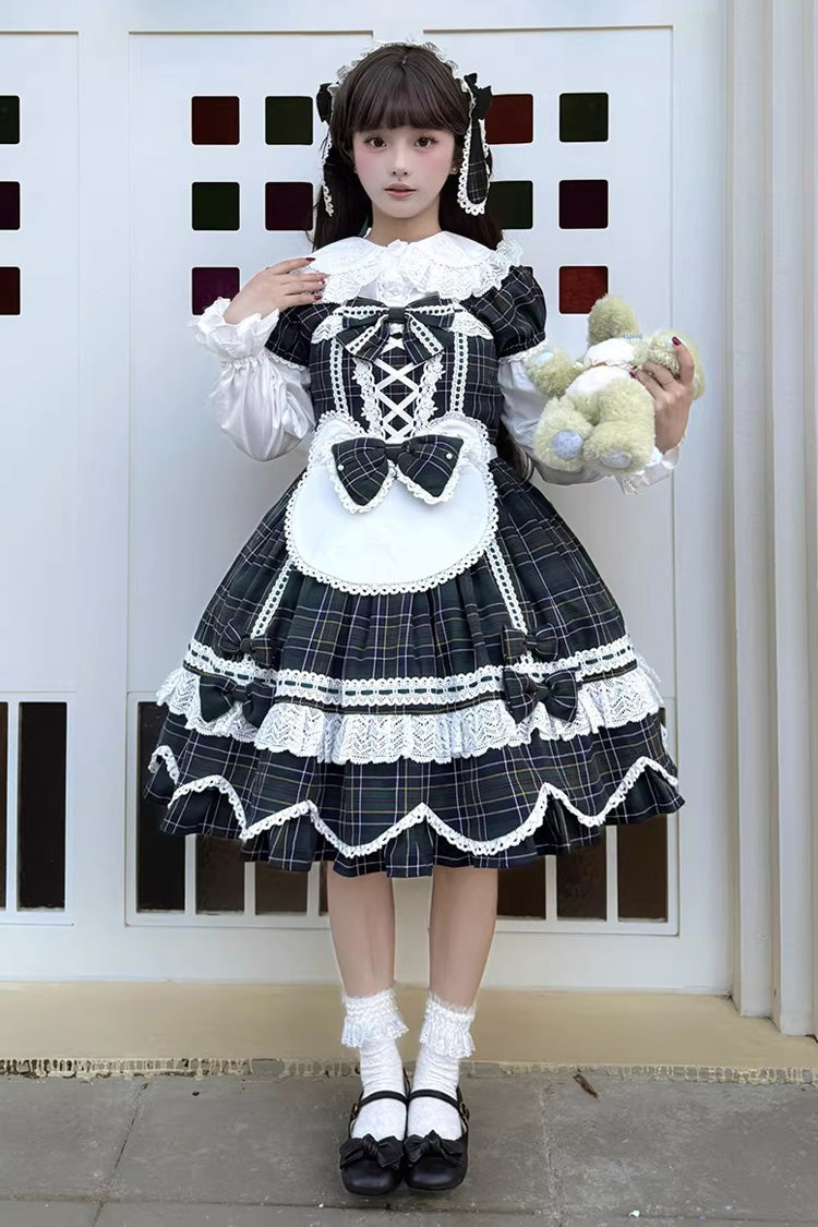Emerald Gingham Petal Bunny Short-Sleeve Ruffled Bow OP Dress