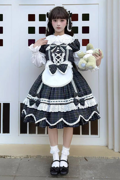 Emerald Gingham Petal Bunny Short-Sleeve Ruffled Bow OP Dress