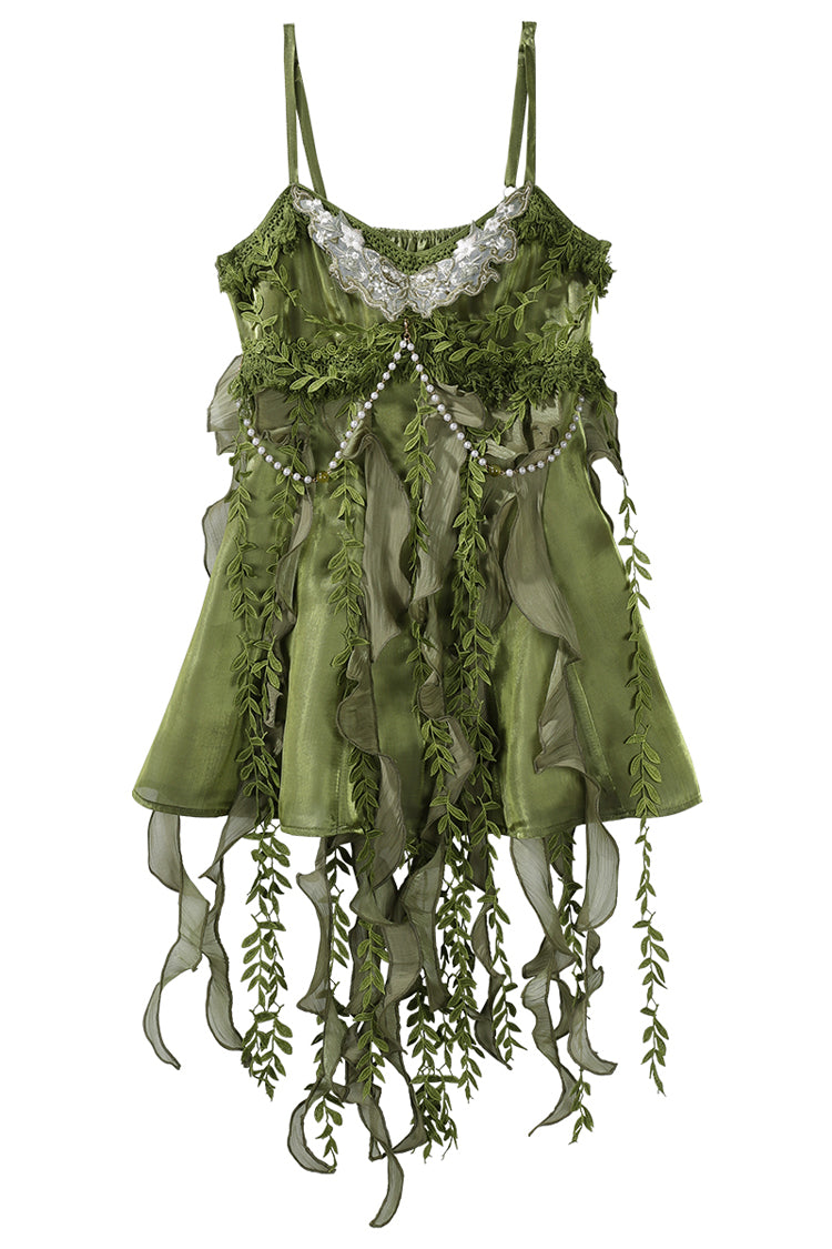 Emerald Leaf Decoration Ruffle Asymmetric Sweet Lolita Jumper Dress Set