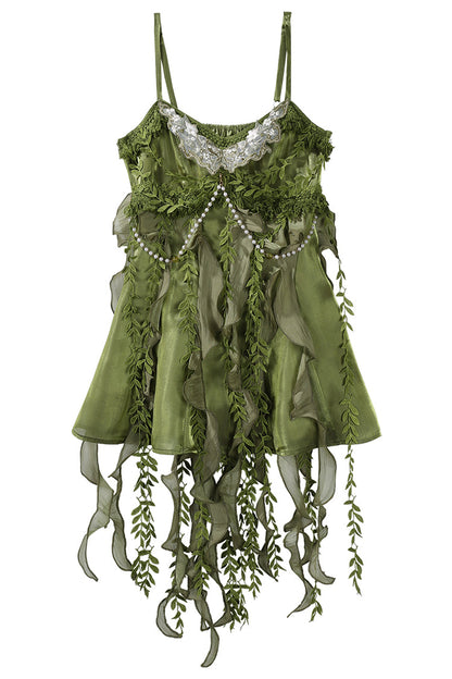 Emerald Leaf Decoration Ruffle Asymmetric Sweet Lolita Jumper Dress Set