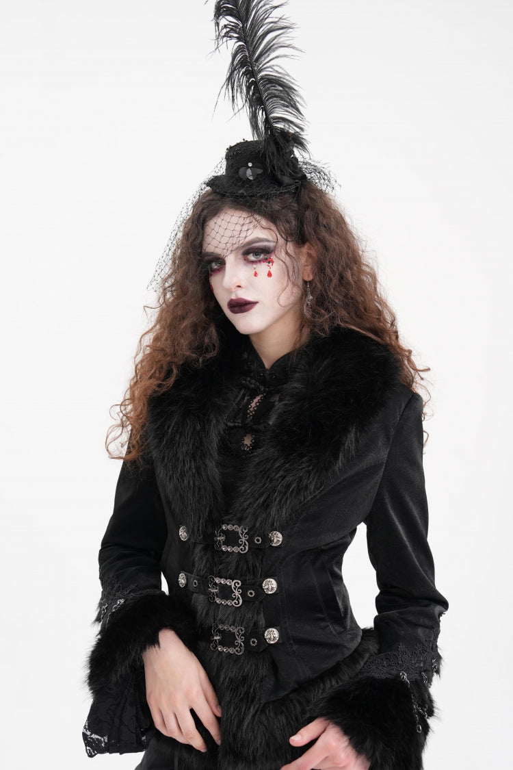 Women's Gothic Jacket with Faux Fur Trim, Chain and Buckle-Up Design