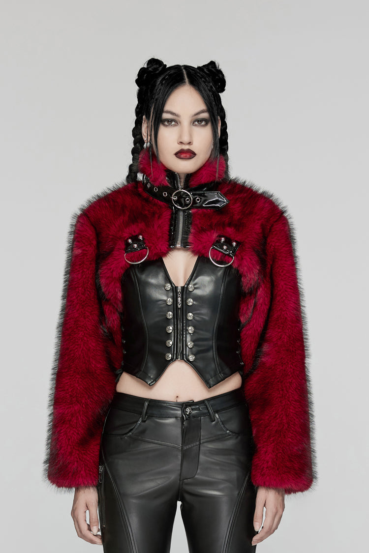 Crimson High-Neck Punk Faux Fur Cropped Jacket with Long Sleeves