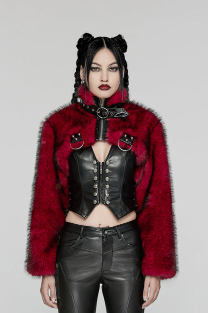 Crimson High-Neck Punk Faux Fur Cropped Jacket with Long Sleeves