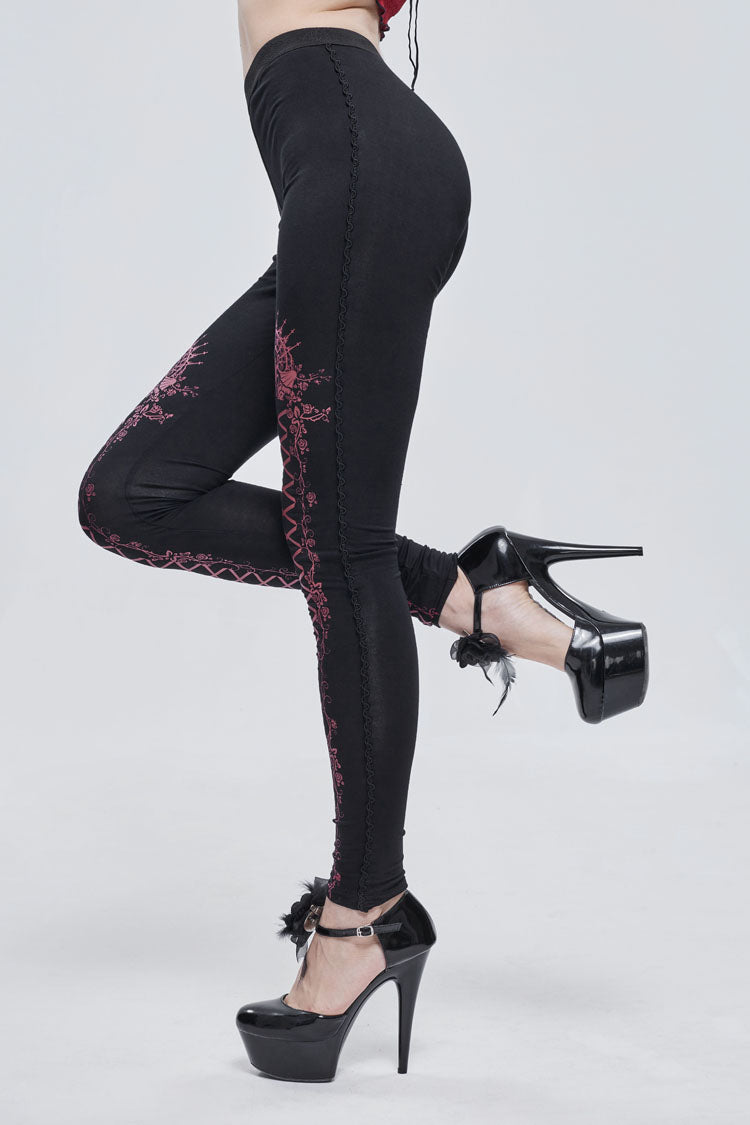 Crimson & Charcoal Printed Tie-Strap Adjustable Goth Leggings