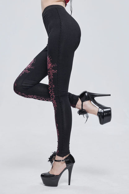 Crimson & Charcoal Printed Tie-Strap Adjustable Goth Leggings