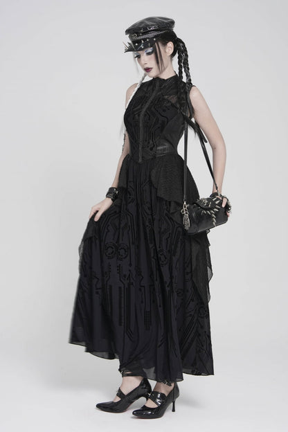Gorgeous Black Punk Dress for Women, Layered Print with Sheer Fabric