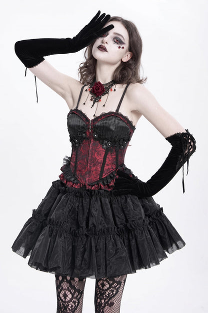 Crimson Gothic Tank Top with Lace-Up Embroidery and Ruffle Trim