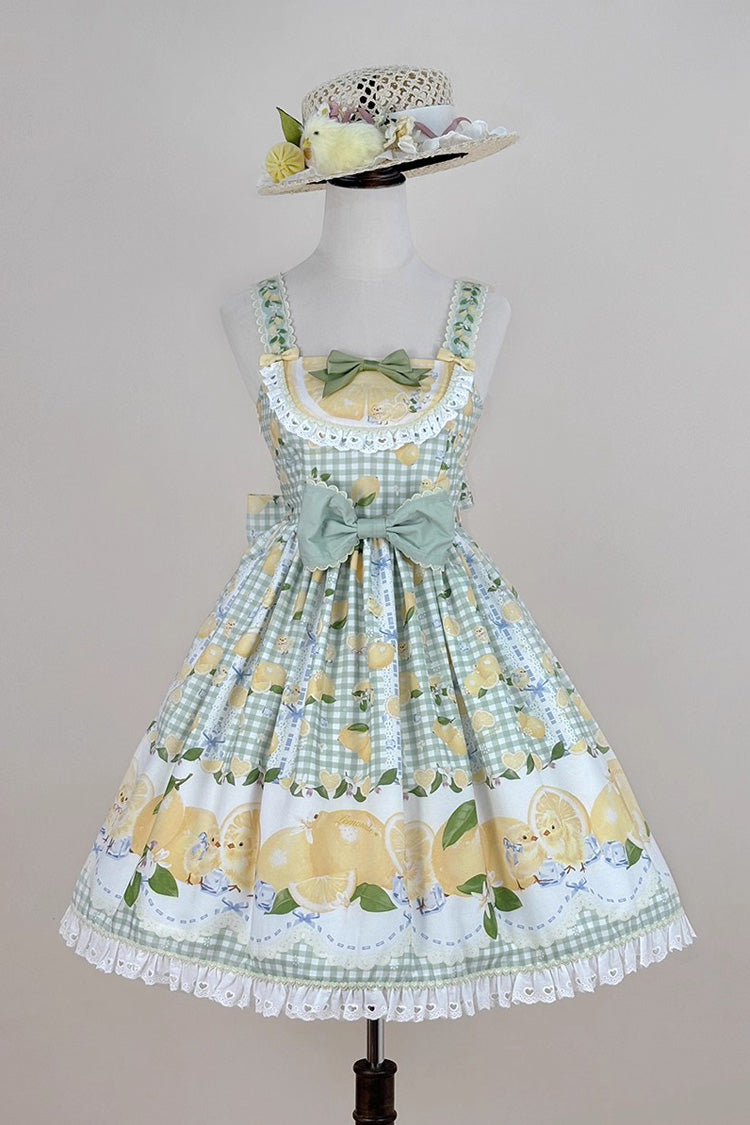 Emerald Lemon Chicken Print Ruffle Bowknot Sweet JSK Dress