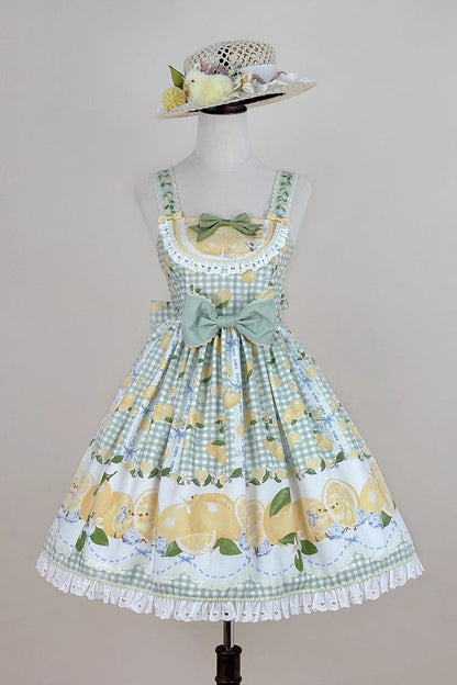 Emerald Lemon Chicken Print Ruffle Bowknot Sweet JSK Dress