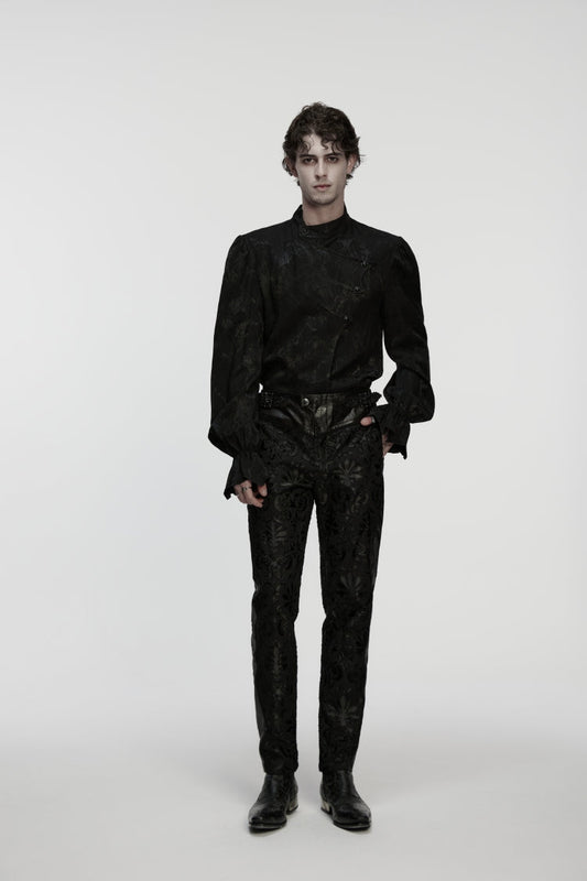 Men's Gothic Pants with Floral Embroidered Details in Black Jacquard