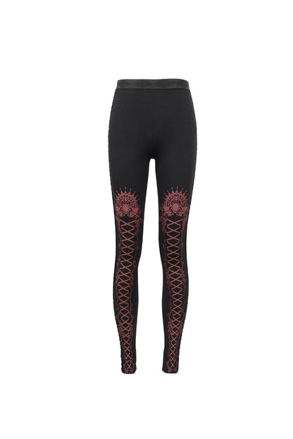 Crimson & Charcoal Printed Tie-Strap Adjustable Goth Leggings