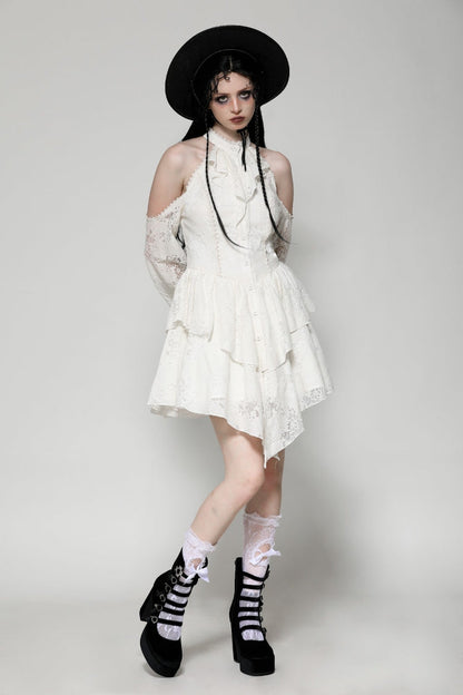 Steampunk Women's Dress with Halter Off-Shoulder Lapel Collar & Flare Sleeves, Cream