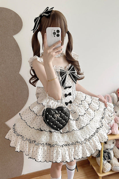Sweet Princess Lolita JSK Gown with Polka Dots, Ruffles & Sleeveless Bow