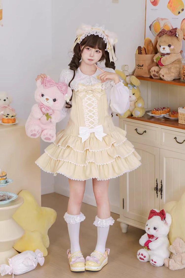 Vintage Cream Puff Sleeveless Triple Ruffle Bow Lace-Up Tiered JSK