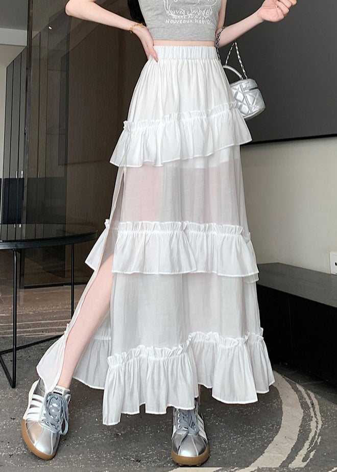 Women White Solid Side Open Cotton Summer Skirts NN013