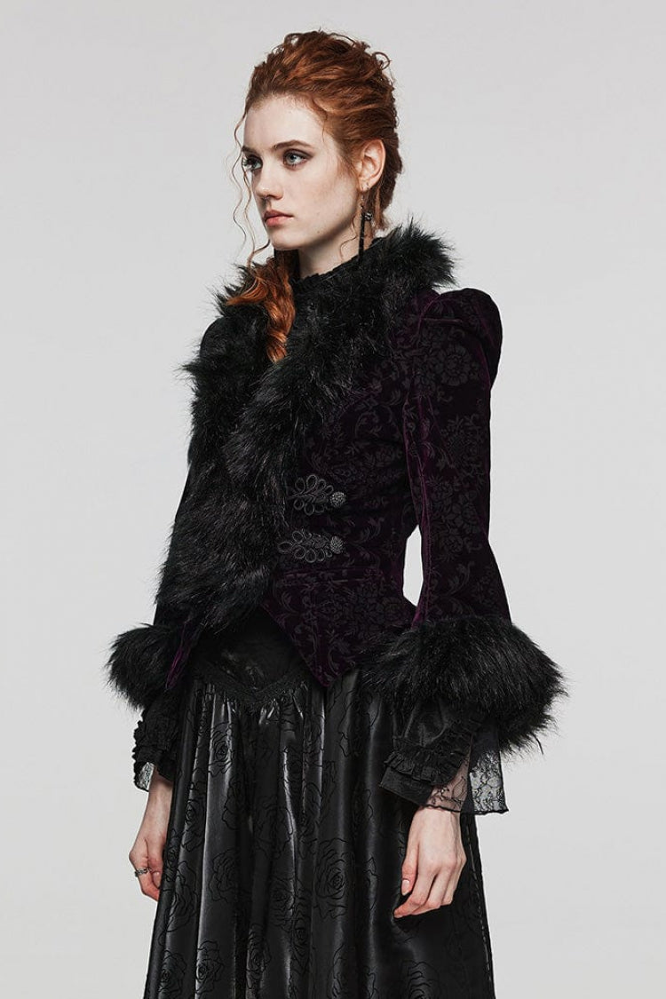 Women's V-Neck Long Sleeve Faux Fur Stitch Gothic Coat Four Shades