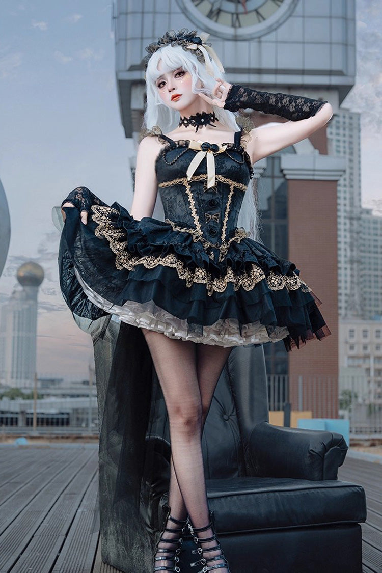 Slim Gothic Ballet JSK Dress with Multi-Layered Ruffles and Lace in Black