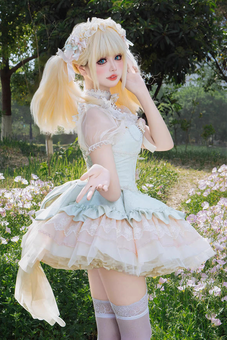 Emerald Sleeveless Multi-Layer Ruffle Bow Lace Slim Sweet Ballet Lolita Jumper Dress