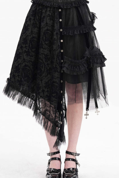 Gothic Luxurious Asymmetric Pleated Skirt with Black Jacquard Cut-Out Lace