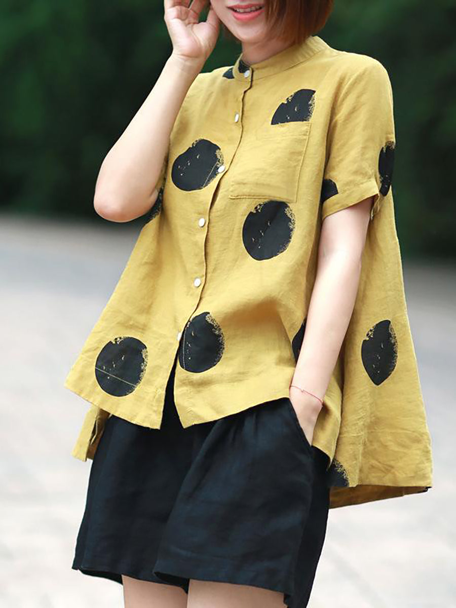 Dot Collar Stand Linen Polka Plus Cotton Size Shirt