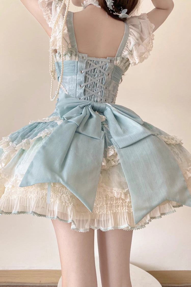 Emerald Short Sleeve Multi-Layer Ruffle Embroidery Bow Lace-Up Sweet Elegant Ballet Lolita Jumper Dress
