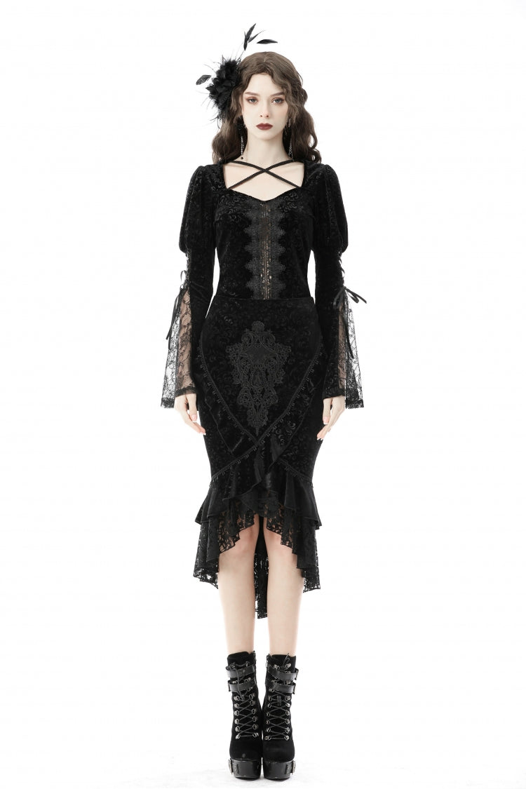 Women's Gothic Dovetail Wrap Skirt with Lace and Lace-Up in Black Jacquard