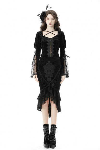 Women's Gothic Dovetail Wrap Skirt with Lace and Lace-Up in Black Jacquard