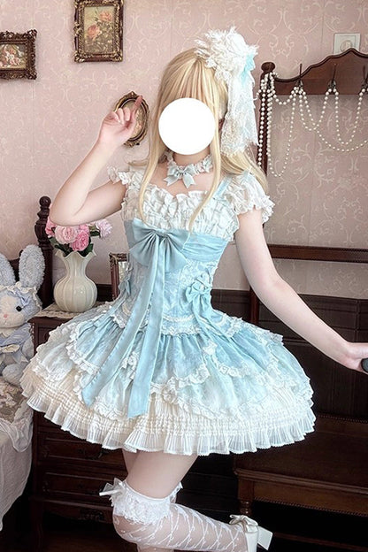 Emerald Short Sleeve Multi-Layer Ruffle Embroidery Bow Lace-Up Sweet Elegant Ballet Lolita Jumper Dress
