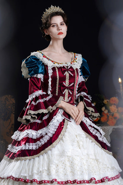 Victorian Palace Dress with Hime Sleeves, Triple Ruffles, and Bow Front in Wine/Ivory - RegalVintage