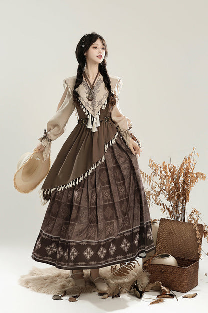 Mysterious Tribe Lantern Sleeve Chinese Style Lolita Dress - Asymmetric Ruffle