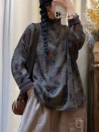 Women Vintage Flower Knitted Turtleneck Sweater AT1090