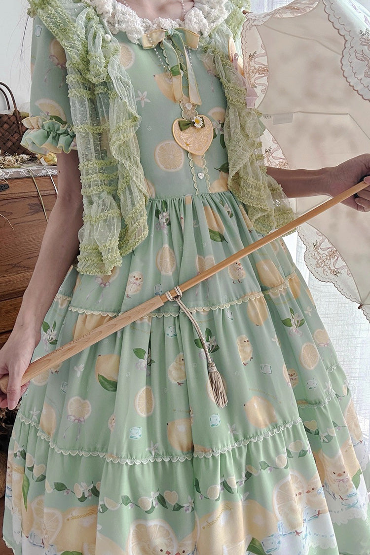Emerald Lemon Chicken Short-Sleeve Ruffle Bow Daily Sweet Dress