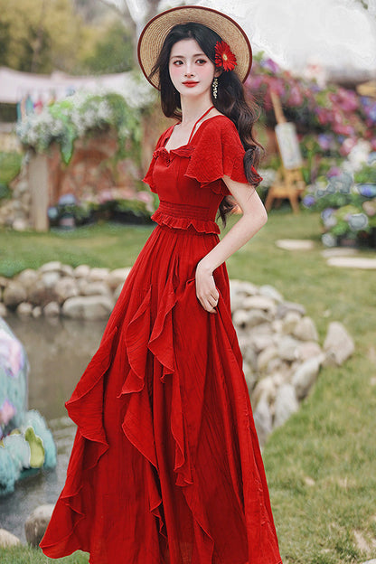 Crimson Halterneck Vintage Lolita Long Skirt Set with Ruffles