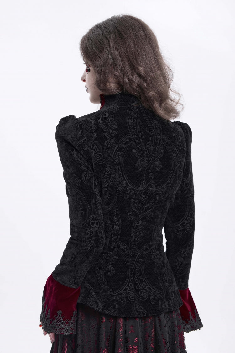 Crimson & Obsidian Stand Collar Long Trumpet Sleeves Embroidery Gothic Jacket
