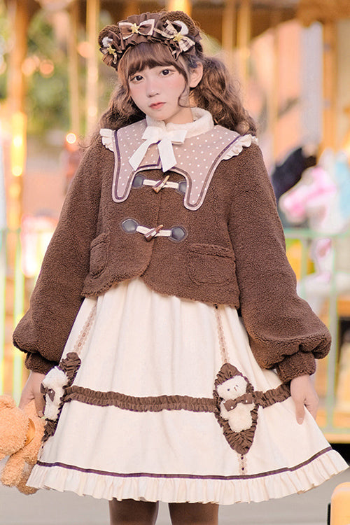 Sweet Lolita OP Gown with Round Collar, Lantern Sleeves & Cute Bear Motif