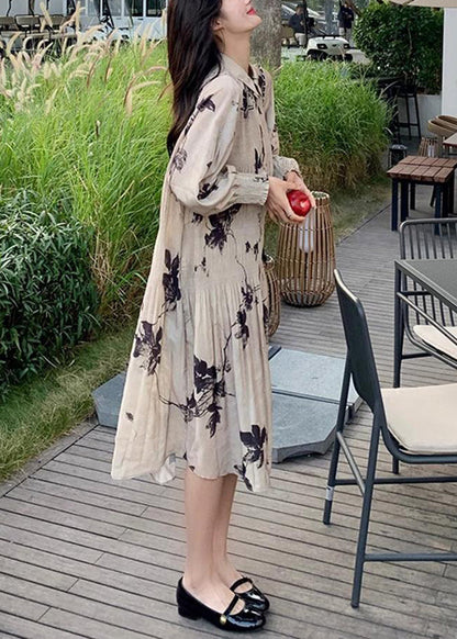 Style Lantern Dresses Chinese Collar Wrinkled Button Print Long