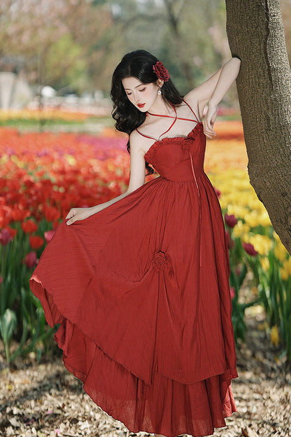 Crimson Classic Lolita JSK Dress with Double-Layered Ruffles and Rose Motif