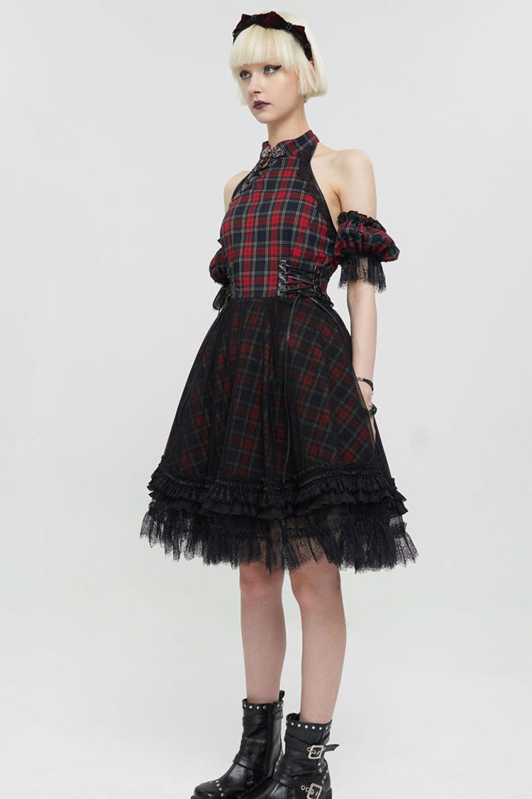 Crimson & Charcoal Punk Off-Shoulder Tartan Mandarin Collar Flared Hem Dress