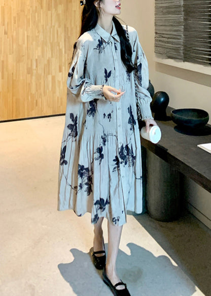 Style Lantern Dresses Chinese Collar Wrinkled Button Print Long