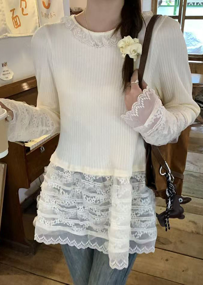 T Fit Patchwork Slim Button Shirt Spring Lace Beige