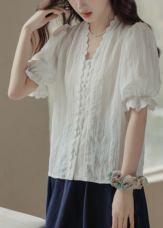 Summer Neck V Lace Casual Top Patchwork White