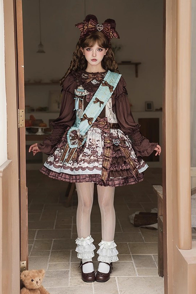 Teddy Bear Chocolate Asymmetric Lolita Strap Dress with Bow - Sleeveless