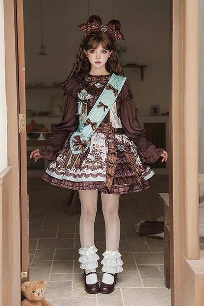 Teddy Bear Chocolate Asymmetric Lolita Strap Dress with Bow - Sleeveless