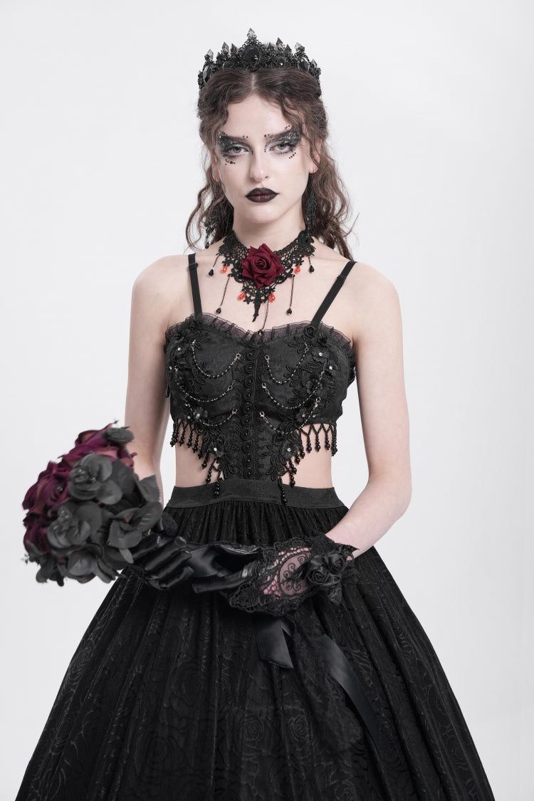Women's Gothic Party Slip Dress with Floral Embroidery and Lace Ripped in Black Jacquard