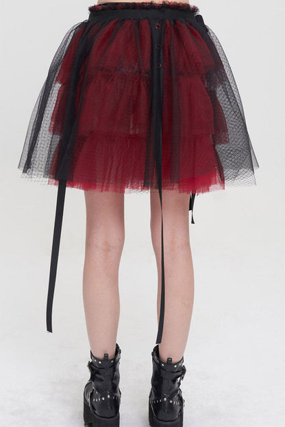 Crimson & Charcoal Punk Mesh Ruffle Rocker Mini Skirt
