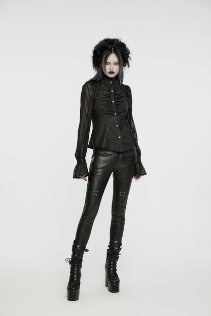 Black Mesh Punk Blouse, High Collar with Stitching for Women