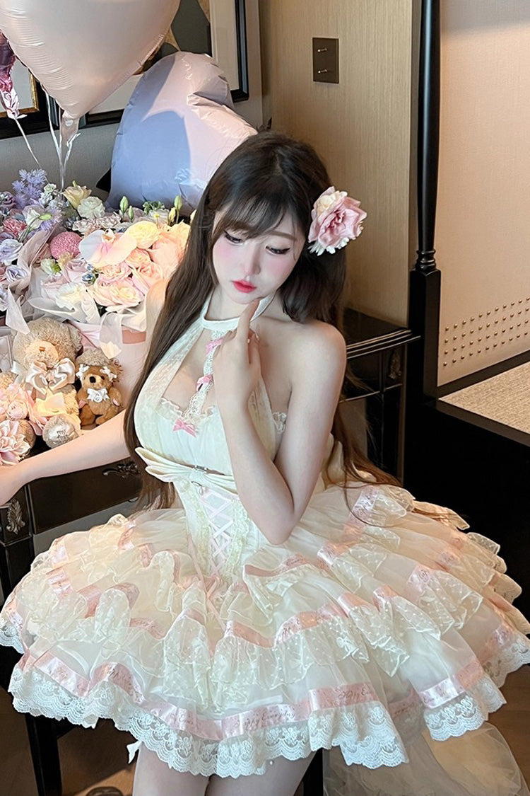 Sweet Princess Lolita Frocks with Halterneck Ruffles & Lace-Up Bows in Cream