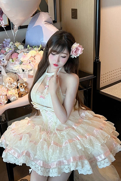 Sweet Princess Lolita Frocks with Halterneck Ruffles & Lace-Up Bows in Cream