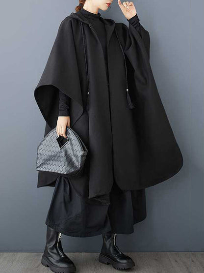 Stylish Black Hooded Drawstring Tasseled Pockets Zip-up Batwing Sleeve Trench Coat TW007